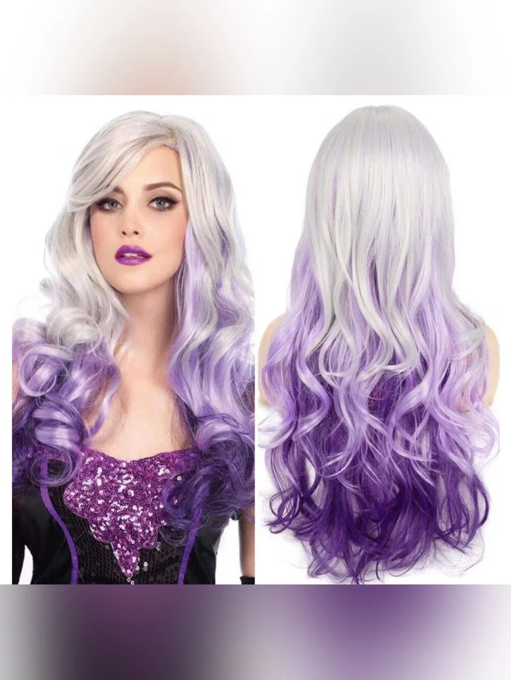 Silver to Purple Ombre Long Wavy Women's Wig - Stylish Gradient Hair